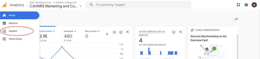 GA4 dashboard with pop-up left-hand menu, red circle around explore menu option. 